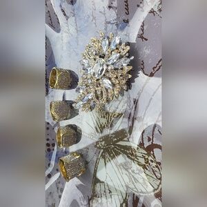 Gold-tone Crystal Brooch with Gold Pave Rings. Costume Jewlery.